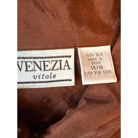 Vintage 80s Venezia Vitale 100% Silk  Rust Short Sleeve Button-Up Shirt Sz 14/16 - Picture 3 of 5
